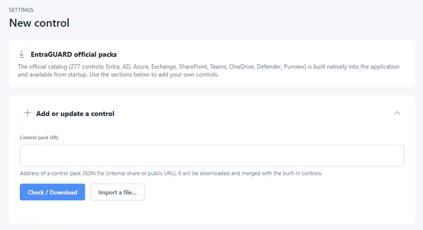 “New control” screen: built-in official packs and adding controls via a JSON pack URL or file import