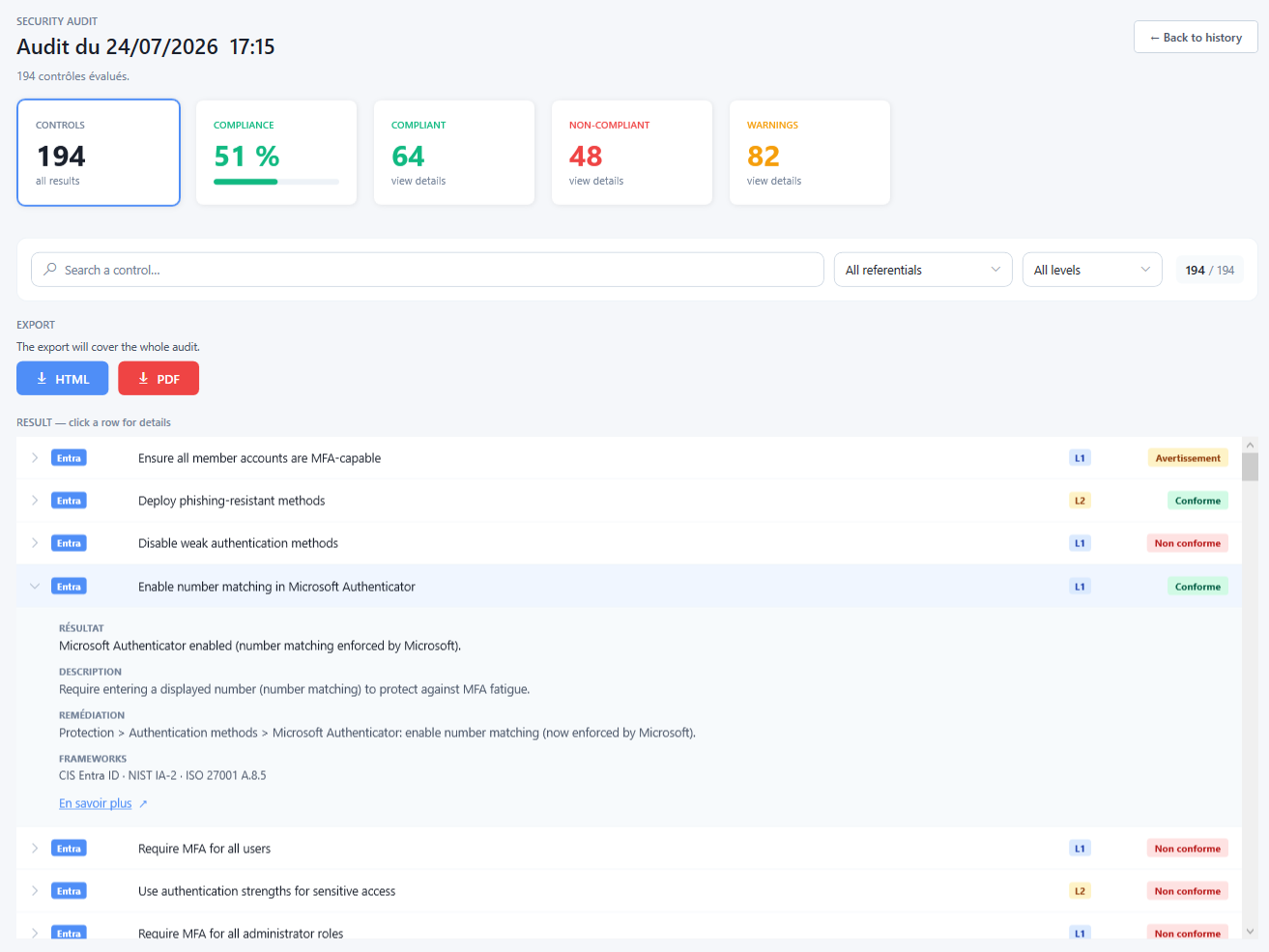 Lancer un audit et lire les résultats — EntraGUARD