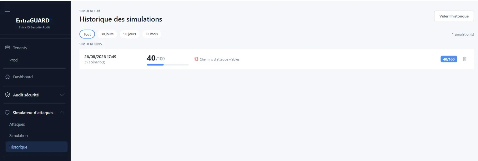 Simulation history with clickable category filters